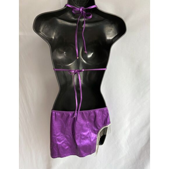 Two Piece Neon Purple Set Dancewear Festival Rave Fringe Skirt Top Futuristic M - Picture 4 of 11